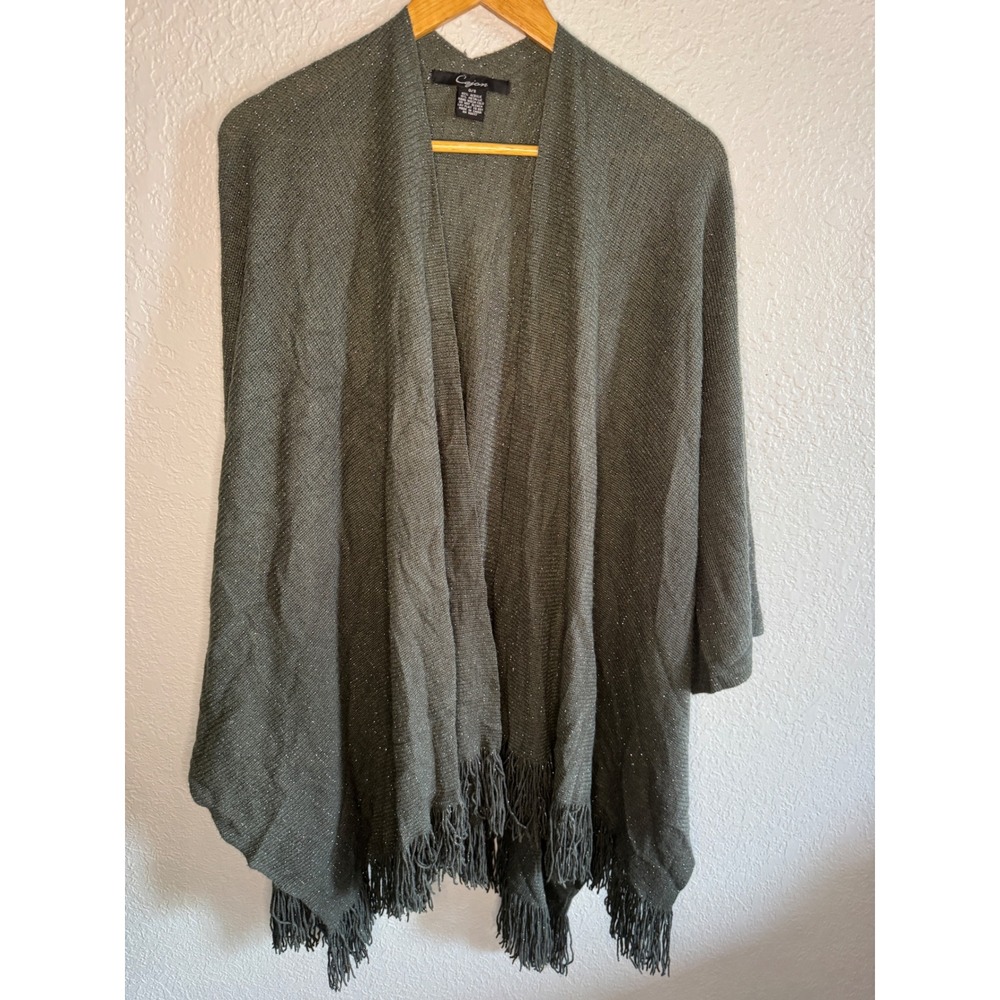 Metallic Fringe Cejon Knit Poncho Wrap Women O/S Gray Excellent